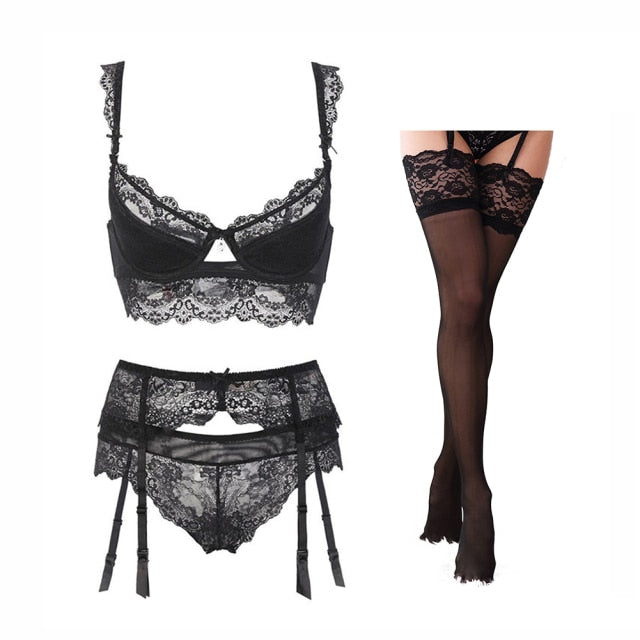 Sexy lace thin cotton cup breast bra and panty set 4 pices