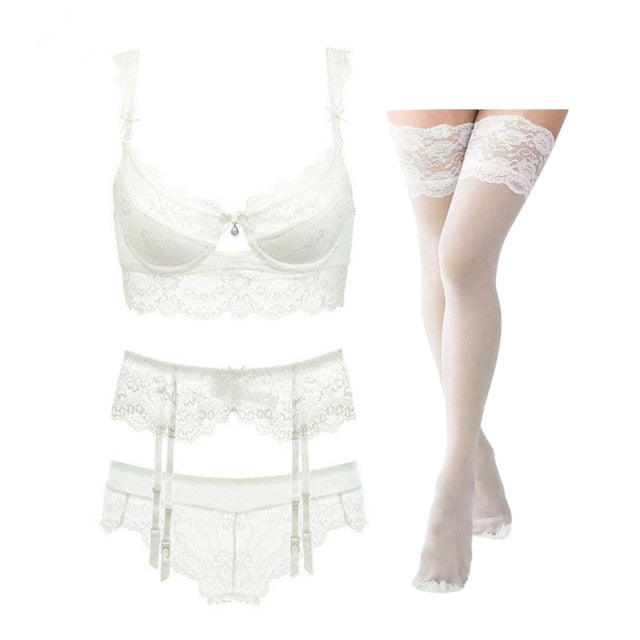 Sexy lace thin cotton cup breast bra and panty set 4 pices