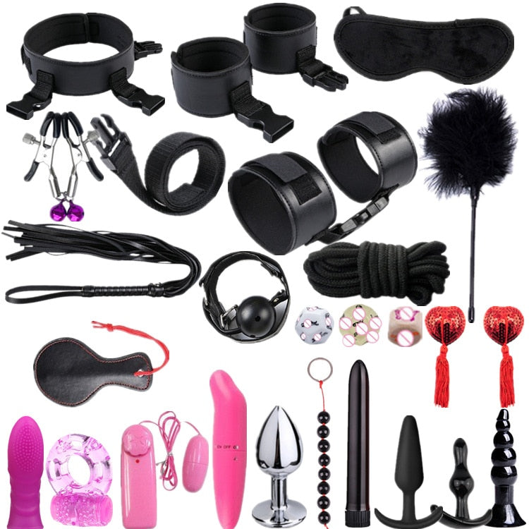 26 Pcs/set Sex Products Erotic Toys for Adults BDSM Sex Bondage Set Handcuffs Nipple Clamps Gag Whip Rope Sex Toys For Couples