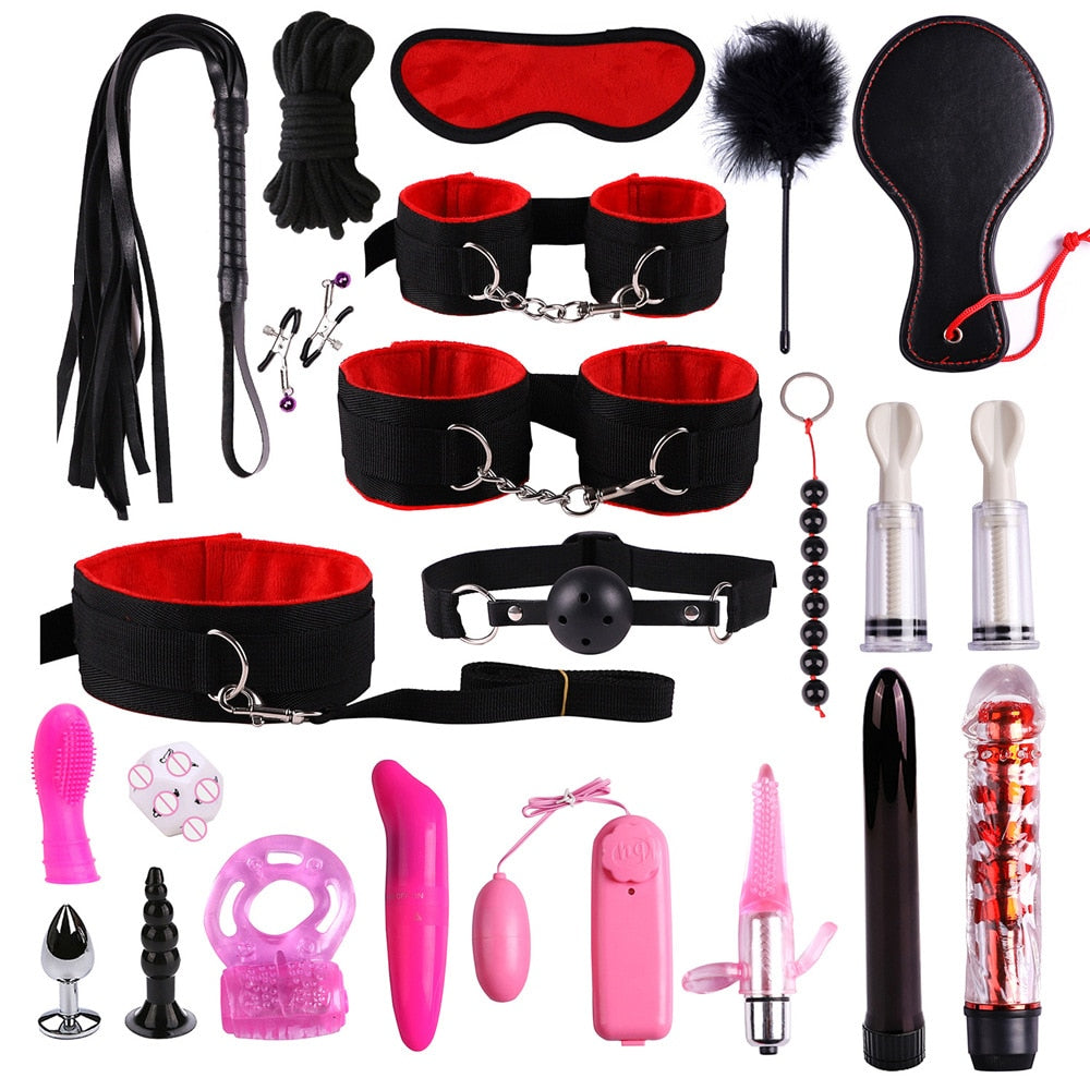 26 Pcs/set Sex Products Erotic Toys for Adults BDSM Sex Bondage Set Handcuffs Nipple Clamps Gag Whip Rope Sex Toys For Couples