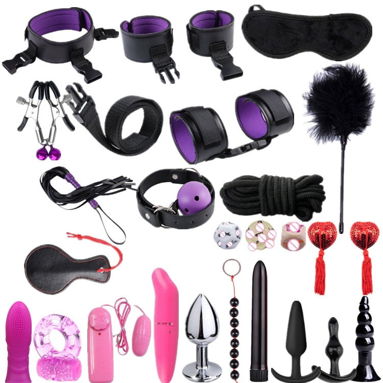 26 Pcs/set Sex Products Erotic Toys for Adults BDSM Sex Bondage Set Handcuffs Nipple Clamps Gag Whip Rope Sex Toys For Couples