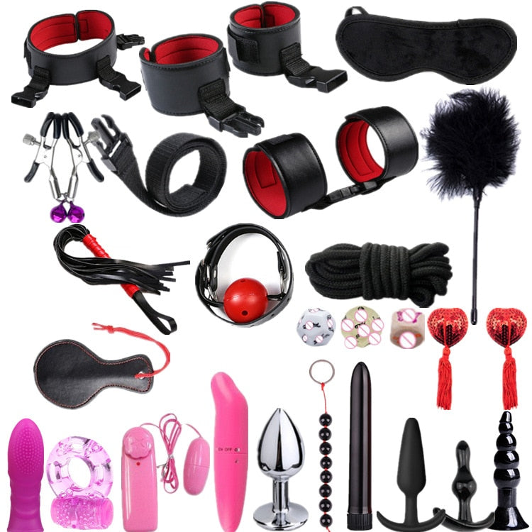 26 Pcs/set Sex Products Erotic Toys for Adults BDSM Sex Bondage Set Handcuffs Nipple Clamps Gag Whip Rope Sex Toys For Couples