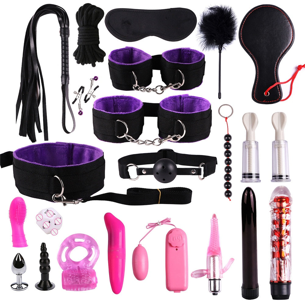 26 Pcs/set Sex Products Erotic Toys for Adults BDSM Sex Bondage Set Handcuffs Nipple Clamps Gag Whip Rope Sex Toys For Couples