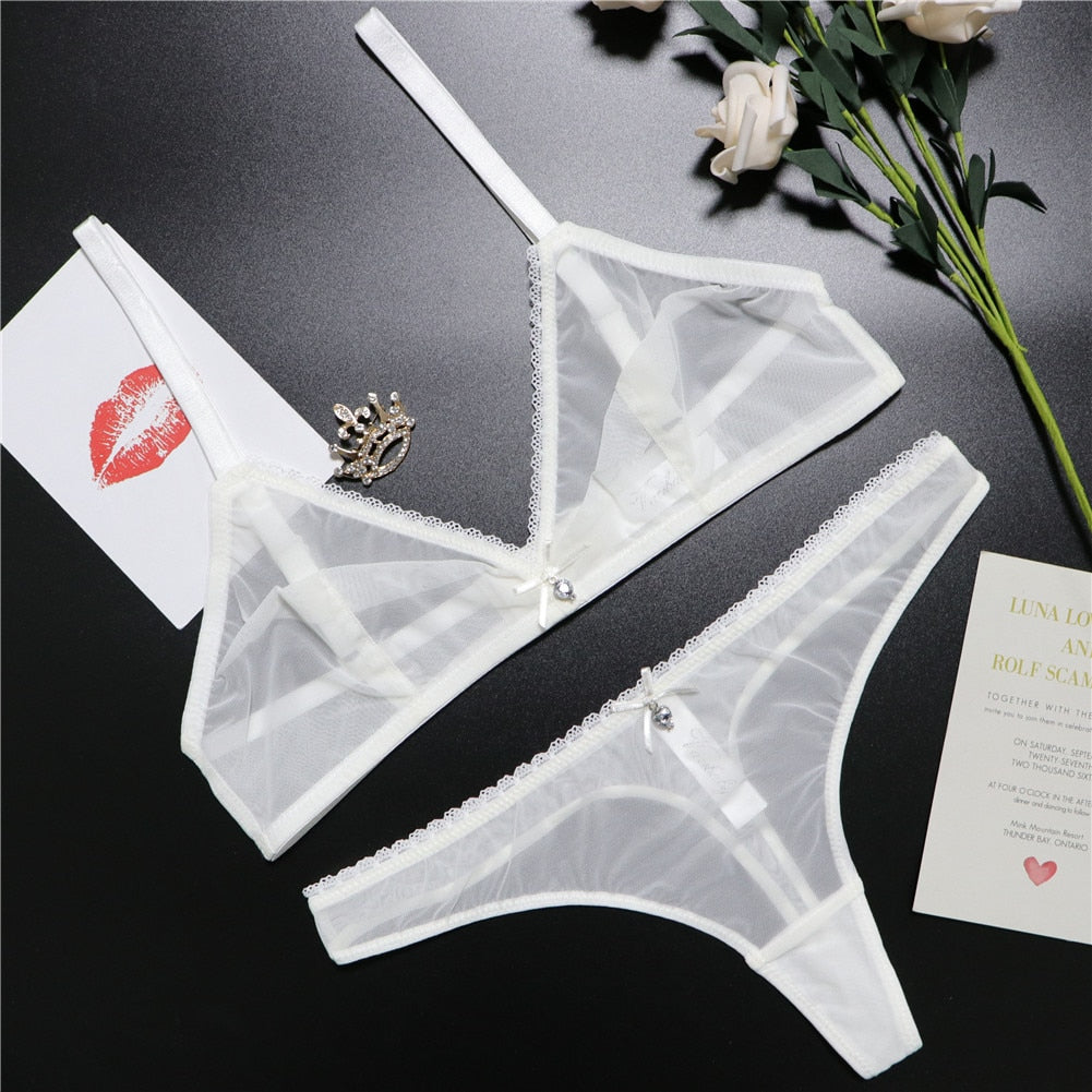 Sexy ladies see through elastic mesh bra set women wire free white underwear bra+thong lingerie set 2pieces/pack CYHWR