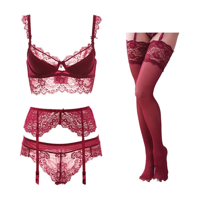 Sexy lace thin cotton cup breast bra and panty set 4 pices